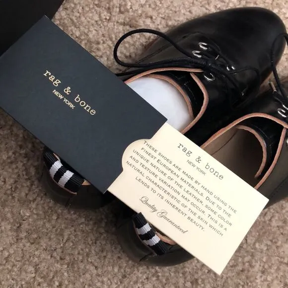 NWT Rag &amp; Bone Audrey Black Leather Lace-Up Oxford Shoes Size 6 (36)