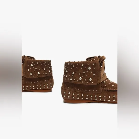 NWT Schutz Evie Brown Suede Boho Celeb Fashion Rustic Bootie Moccasins Shoes 7.5