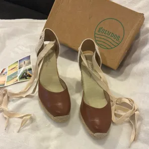 NWT Soludos Women's Espadrille Tall Wedge Leather Brown and Tan Size 10
