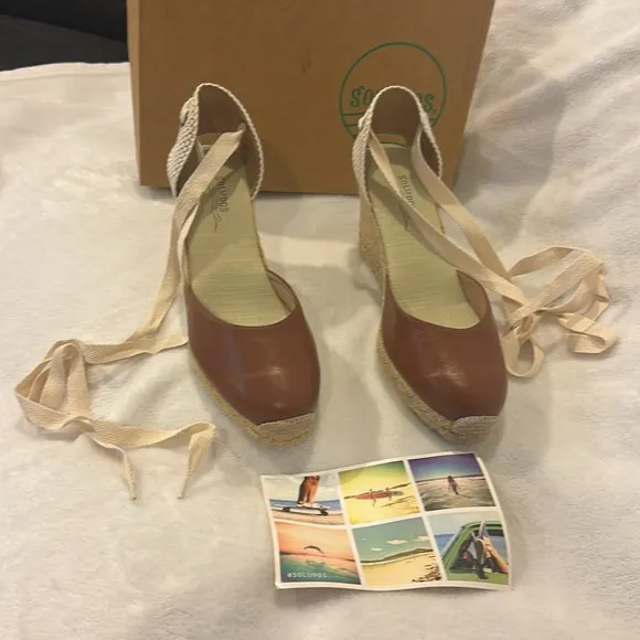 NWT Soludos Women's Espadrille Tall Wedge Leather Brown and Tan Size 10