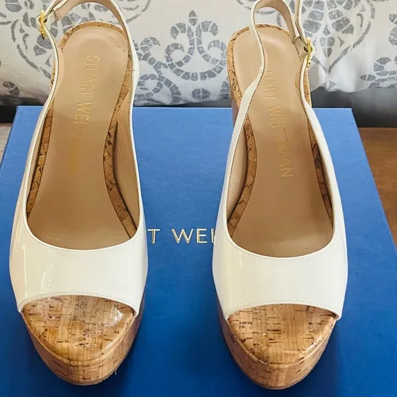 NWT Stuart Weitzman White Wedge Peep-Toe Sandals SIZE 8.5