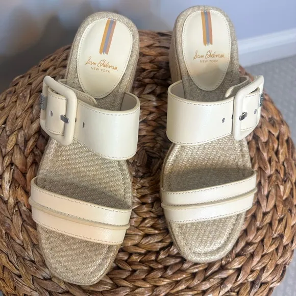 NWT sz 8 Sam Edelman Carson open toe wedge espadrille cream tan woven raffia