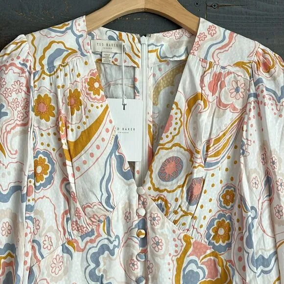 NWT Ted Baker Thelia Exaggerated Sleeve Floral Silky Mini Dress Size 2