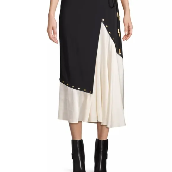 NWT Tory Burch mixed material black white silk wrap skirt midi maxi wrap large