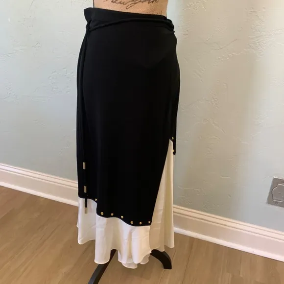 NWT Tory Burch mixed material black white silk wrap skirt midi maxi wrap large