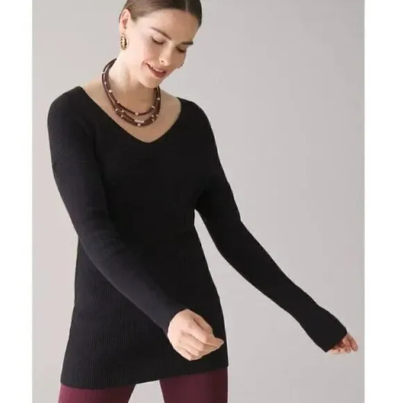 NWT White House Black Market V-Neck Black Cashmere Blend Ribbed Tunic Size S