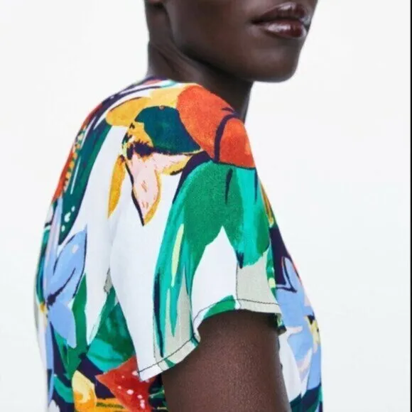 NWT Zara Tropical Palm Print Lightweight Mini Wrap Dress XS