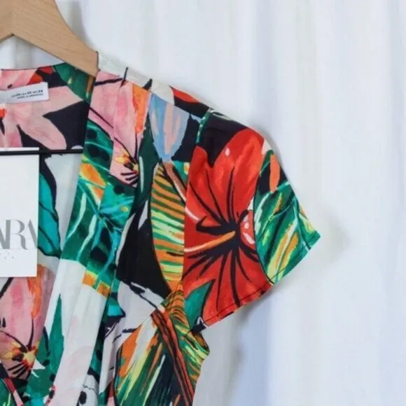 NWT Zara Tropical Palm Print Lightweight Mini Wrap Dress XS