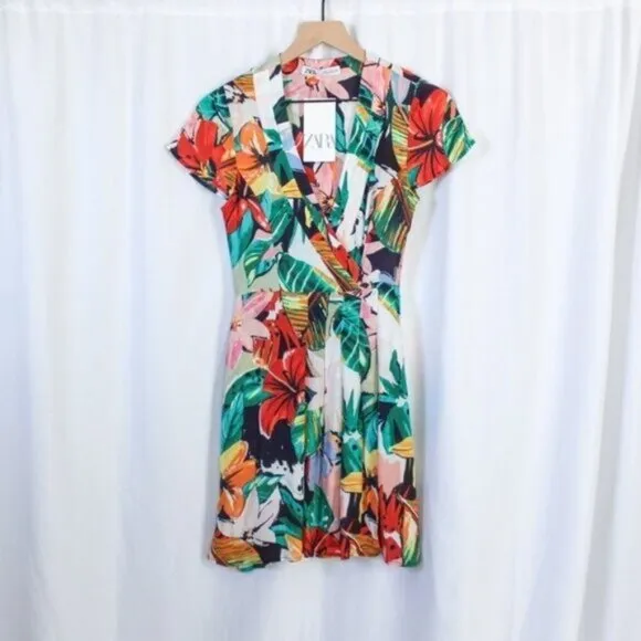 NWT Zara Tropical Palm Print Lightweight Mini Wrap Dress XS