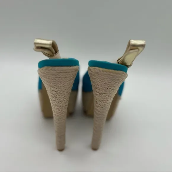 NYLA Perlia Blue Leather Peep-toe Wedges - size 9