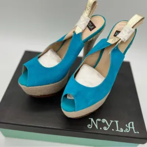 NYLA Perlia Blue Leather Peep-toe Wedges - size 9