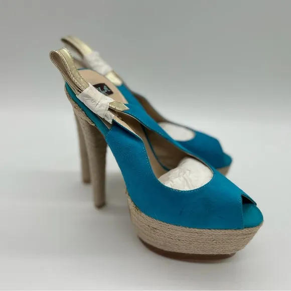 NYLA Perlia Blue Leather Peep-toe Wedges - size 9