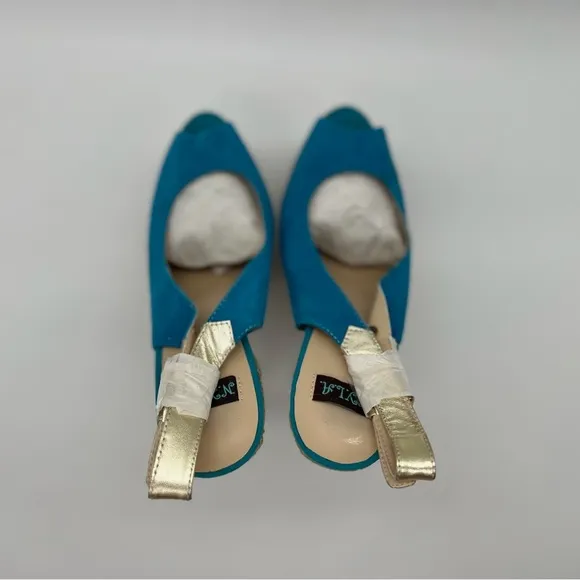 NYLA Perlia Blue Leather Peep-toe Wedges - size 9