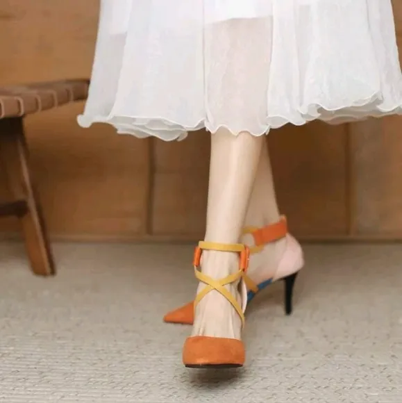 Orange Pointed Toe Hollow Out High Heel Shoes, Black Suede High Heel Shoes