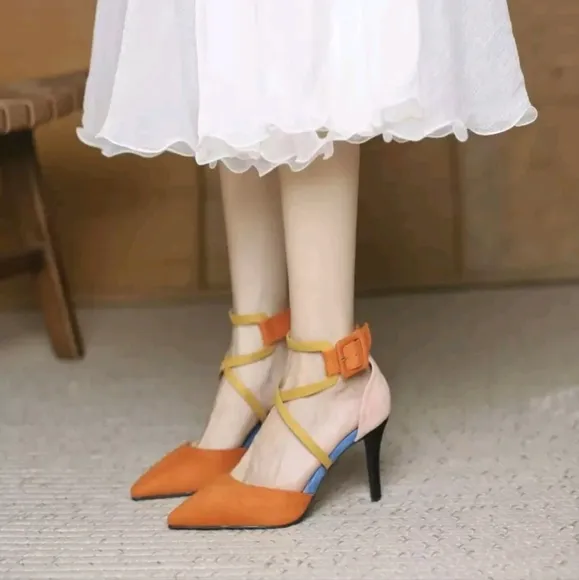 Orange Pointed Toe Hollow Out High Heel Shoes, Black Suede High Heel Shoes