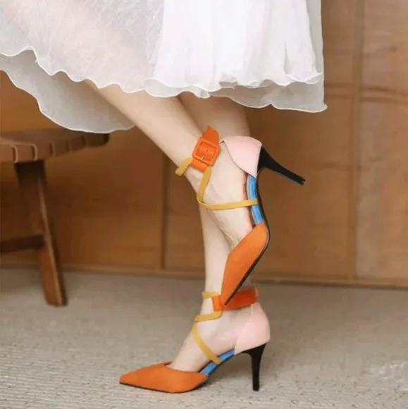 Orange Pointed Toe Hollow Out High Heel Shoes, Black Suede High Heel Shoes