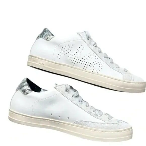 P448 Ivory Textured Tongue Silver Metallic John White Leather Sneakers US 37