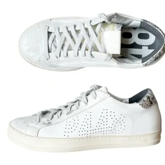 P448 Ivory Textured Tongue Silver Metallic John White Leather Sneakers US 37