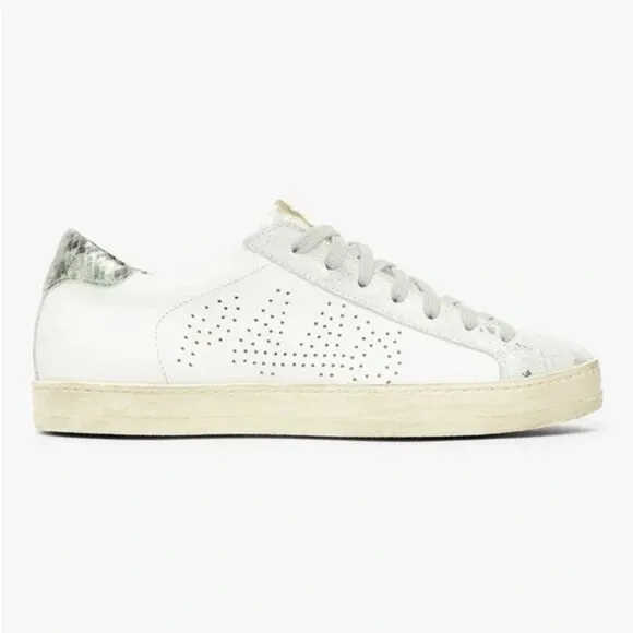 P448 Ivory Textured Tongue Silver Metallic John White Leather Sneakers US 37