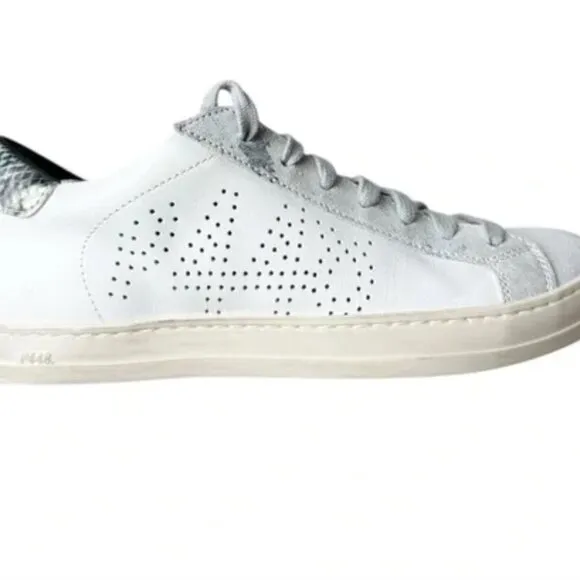 P448 Ivory Textured Tongue Silver Metallic John White Leather Sneakers US 37