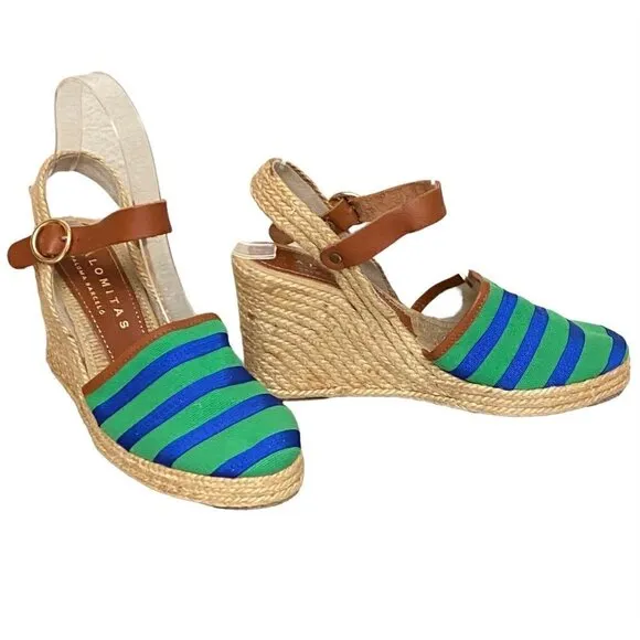 Palomitas by Paloma Barcelo Striped and Leather Espadrille Wedges Size 6.5