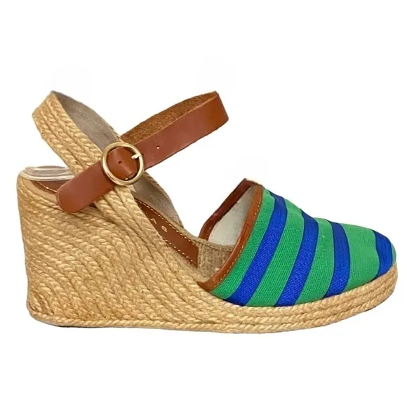 Palomitas by Paloma Barcelo Striped and Leather Espadrille Wedges Size 6.5