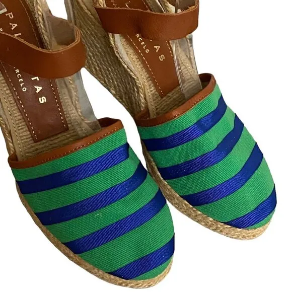 Palomitas by Paloma Barcelo Striped and Leather Espadrille Wedges Size 6.5
