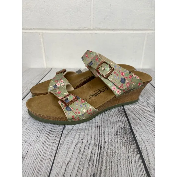 Papillio Dorothy Wedge Sandals Floral Khaki Adjustable Buckle Straps US10 Narrow