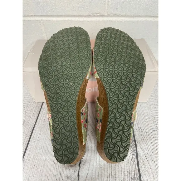 Papillio Dorothy Wedge Sandals Floral Khaki Adjustable Buckle Straps US10 Narrow