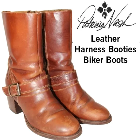 Patricia Nash Womens 7 Brown Leather Harness Booties Biker Boots RARE FIND.