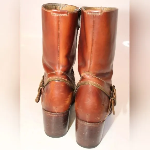 Patricia Nash Womens 7 Brown Leather Harness Booties Biker Boots RARE FIND.