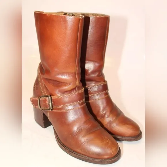 Patricia Nash Womens 7 Brown Leather Harness Booties Biker Boots RARE FIND.