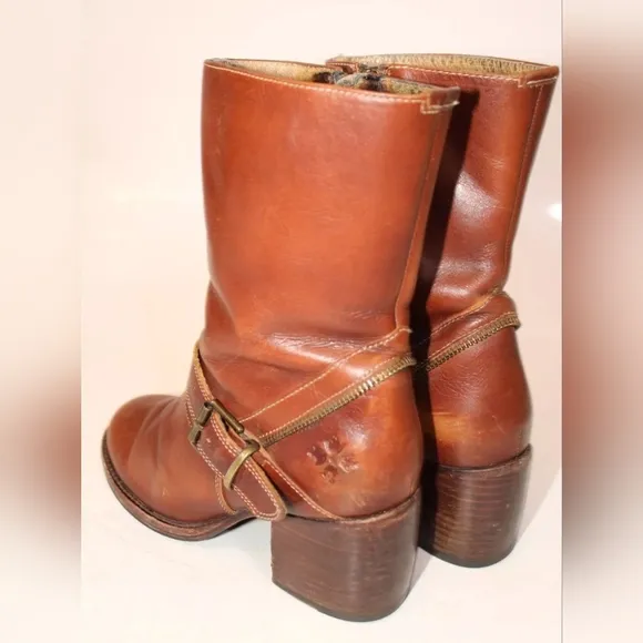 Patricia Nash Womens 7 Brown Leather Harness Booties Biker Boots RARE FIND.