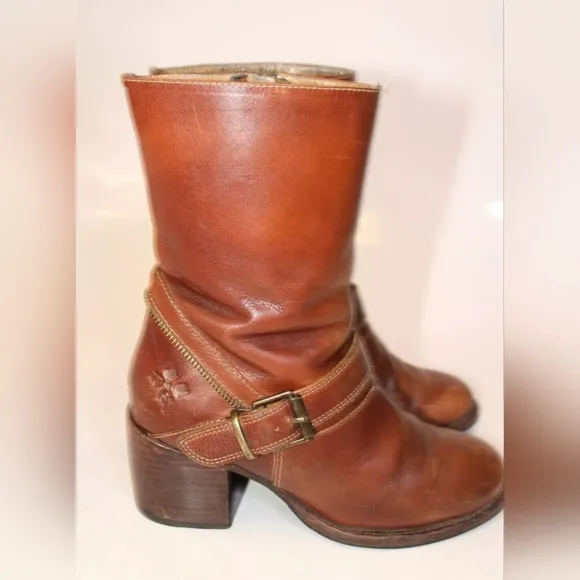 Patricia Nash Womens 7 Brown Leather Harness Booties Biker Boots RARE FIND.