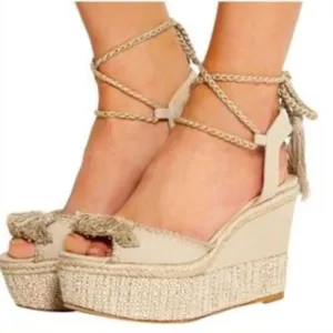 Paul Andrew ‘Patmos’ Embellished Fringe Wedge in Canvas with Ankle Straps