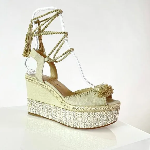 Paul Andrew ‘Patmos’ Embellished Fringe Wedge in Canvas with Ankle Straps