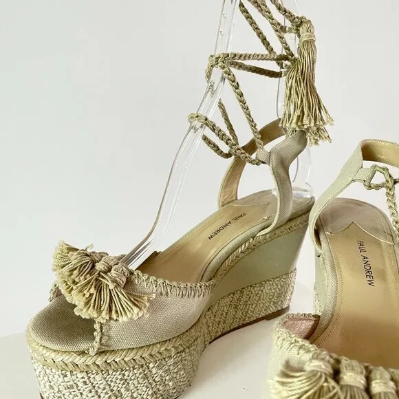 Paul Andrew ‘Patmos’ Embellished Fringe Wedge in Canvas with Ankle Straps