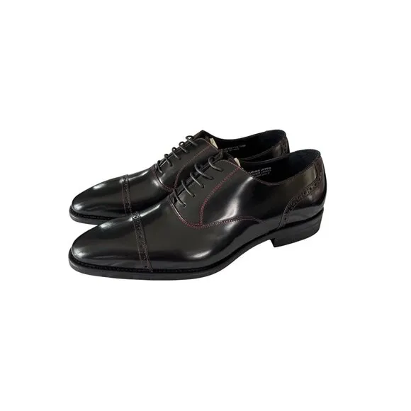 Paul Fredrick Mens US 10.5 M Black Leather Oxford Dress Shoes W Red Lace
