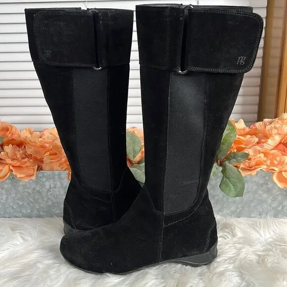 Paul Green Abby Tall Suede Boots Size 5.5 US Black Side Zip Stretch Panels