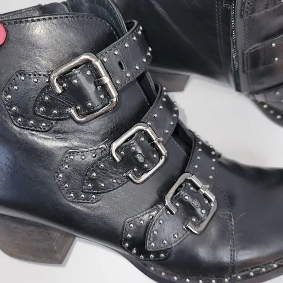 Paul Green Boots Soho Moto Silver Studded Black Leather Buckle Booties SZ US 6.5