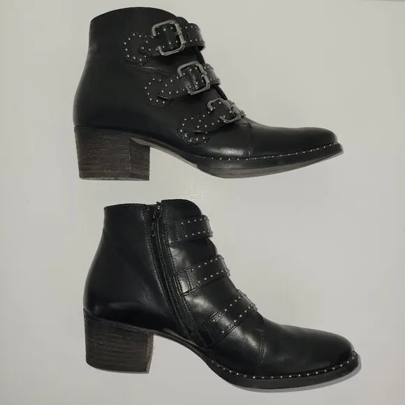 Paul Green Boots Soho Moto Silver Studded Black Leather Buckle Booties SZ US 6.5