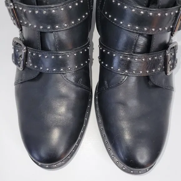 Paul Green Boots Soho Moto Silver Studded Black Leather Buckle Booties SZ US 6.5