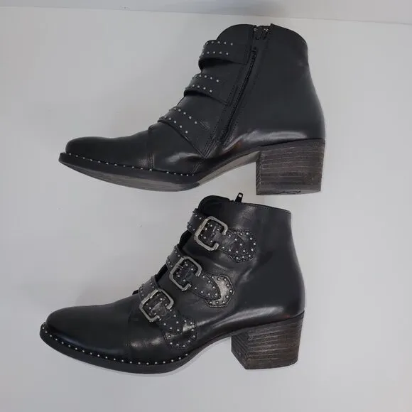 Paul Green Boots Soho Moto Silver Studded Black Leather Buckle Booties SZ US 6.5
