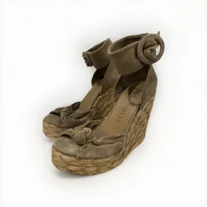 Pedro Garcia Taupe Grey Suede Jute Espadrille Wedges Size 38.5 Brand New