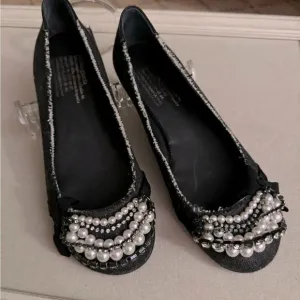Pedro Garcia dark denim ballet flat with crystal and pearl embellishment 39.5