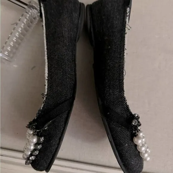 Pedro Garcia dark denim ballet flat with crystal and pearl embellishment 39.5