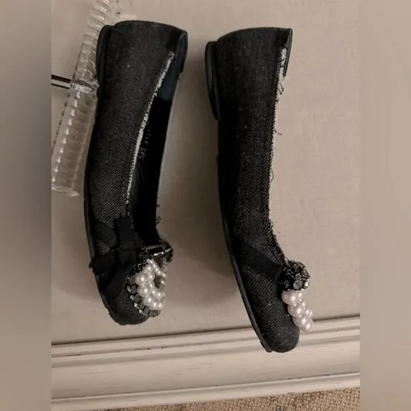 Pedro Garcia dark denim ballet flat with crystal and pearl embellishment 39.5