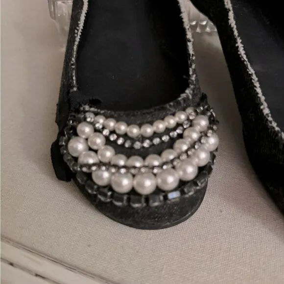 Pedro Garcia dark denim ballet flat with crystal and pearl embellishment 39.5