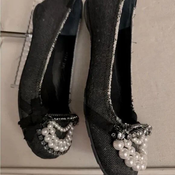 Pedro Garcia dark denim ballet flat with crystal and pearl embellishment 39.5