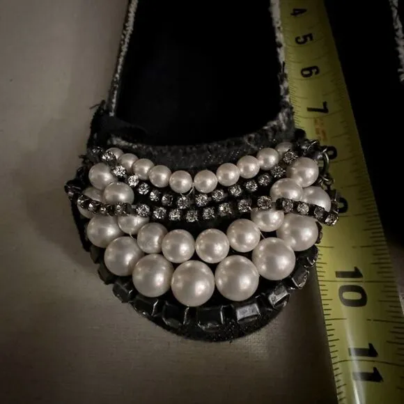 Pedro Garcia dark denim ballet flat with crystal and pearl embellishment 39.5